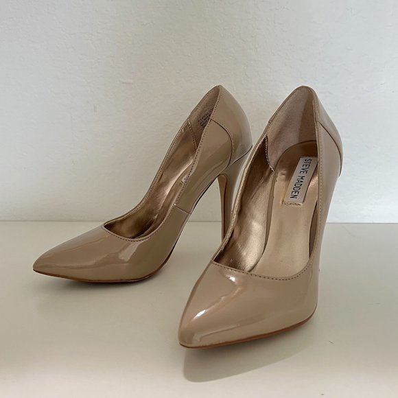 STEVE MADDEN Enamel High Heel Pumps P-Caroll Taupe Pat Nude Tan Size 5.5 w/ box - Picture 1 of 9
